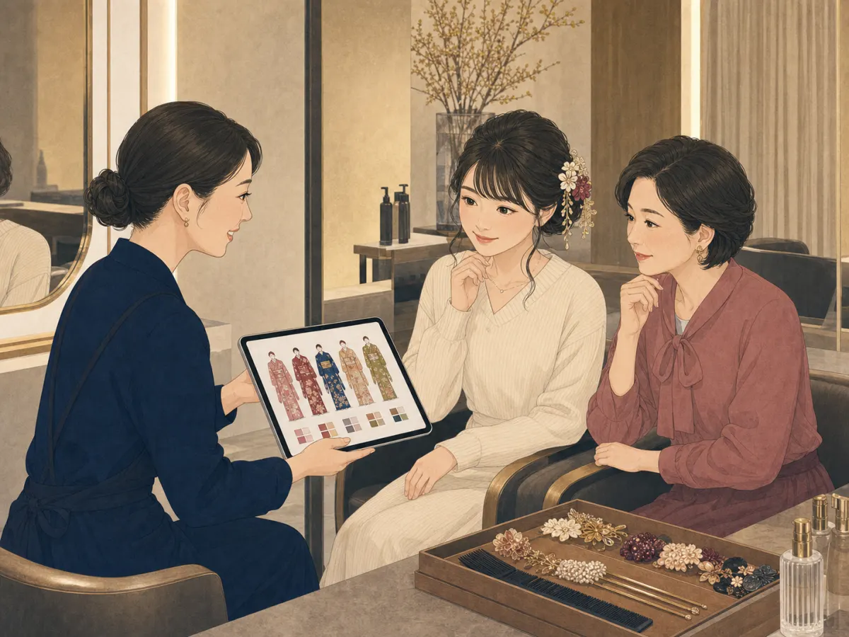 美容室のスタッフが母娘に振袖カタログを見せ、成人式ヘアについて相談する様子のイラスト