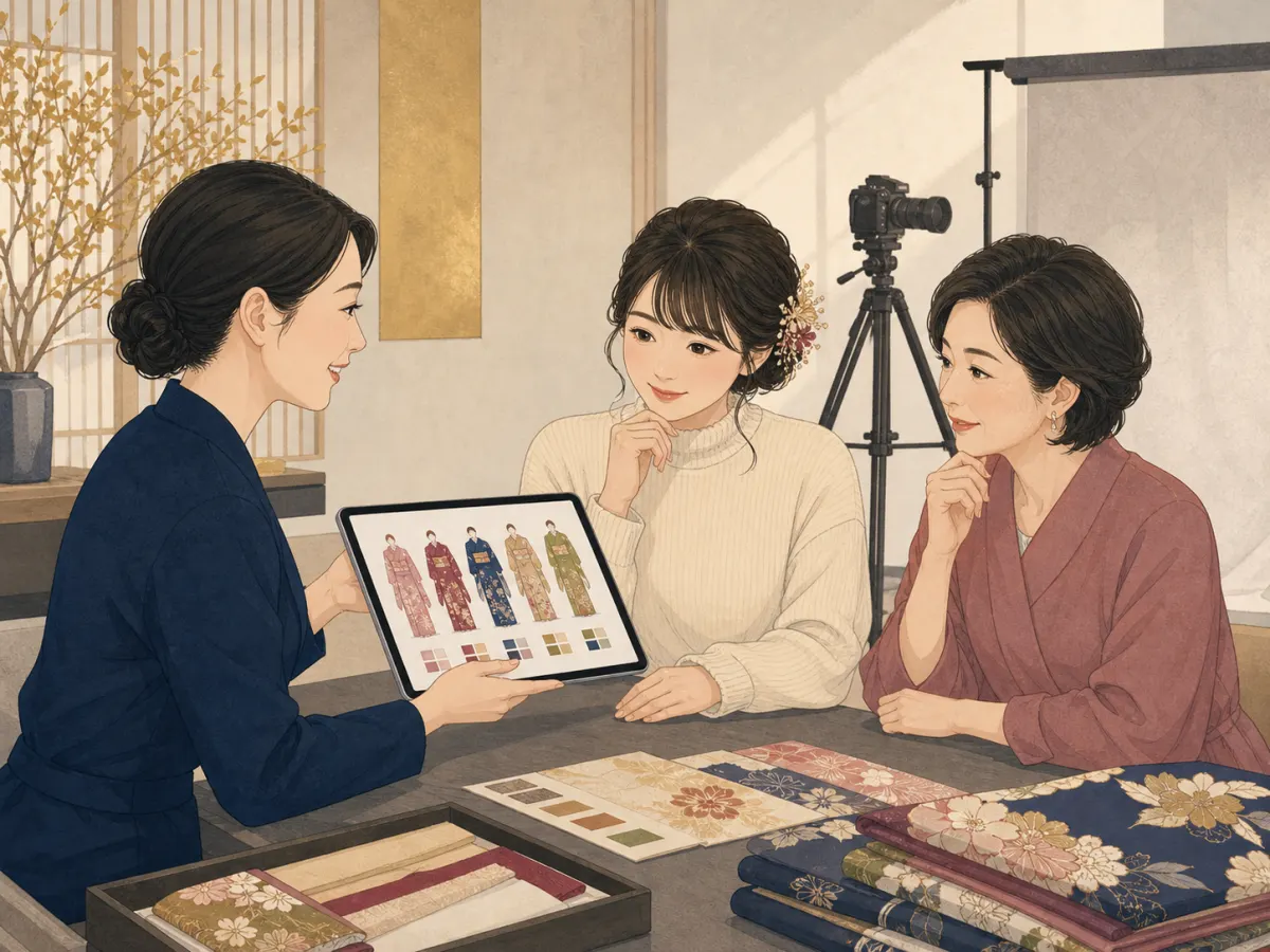 写真館のスタッフが母娘に振袖カタログを見せ、前撮りについて相談する様子のイラスト