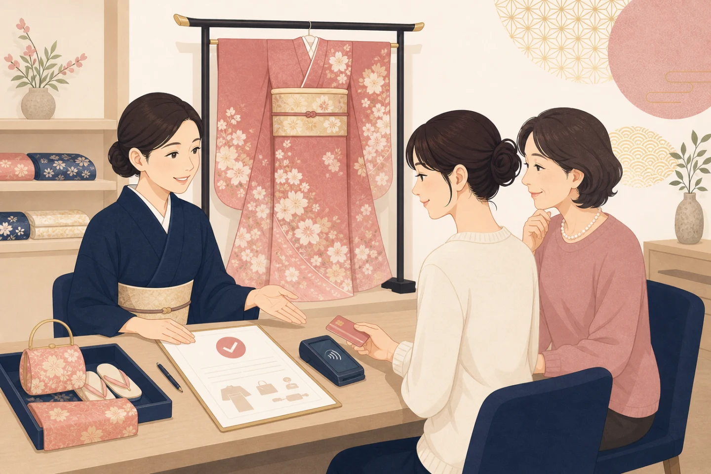 店舗で振袖を見ながらスタッフに相談し、店頭の端末で支払うお客様のイラスト