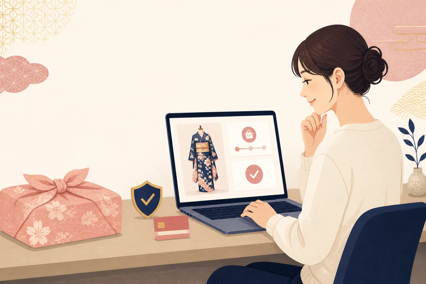 自宅のパソコンでレンタル衣装を選び、クレジットカードで手続きする女性のイラスト